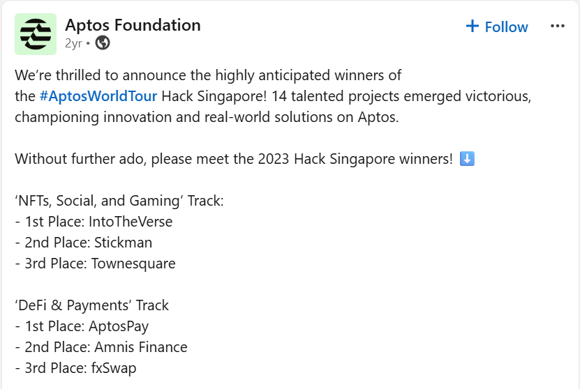 Aptos World Tour Hackathon Singapore Award Certificate